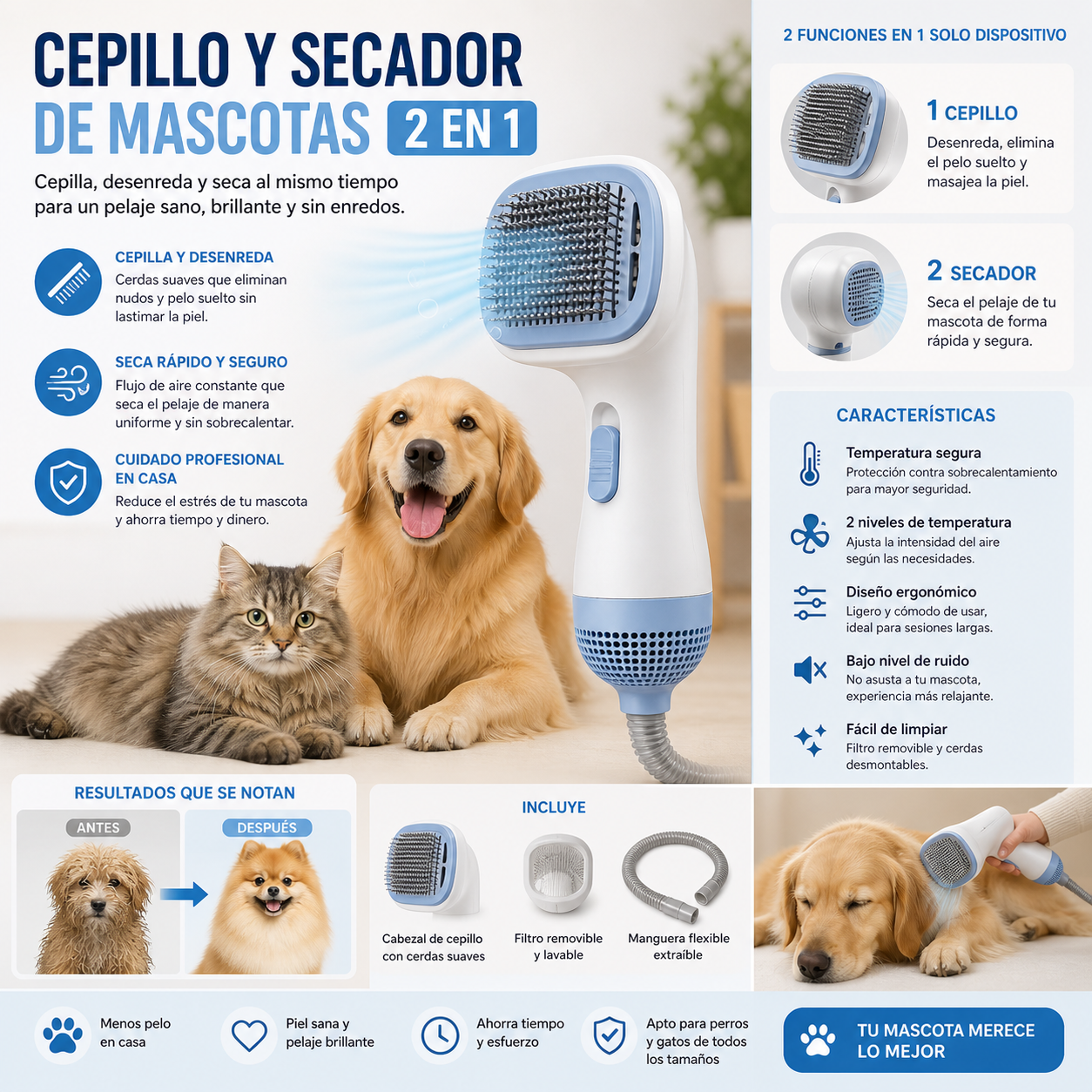 Cepillo Y Secador De Mascotas 2 En 1